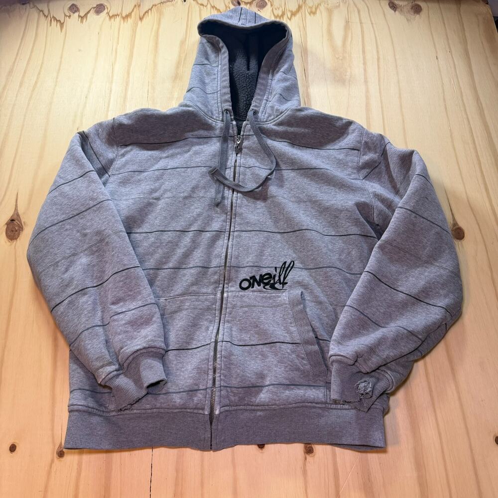 Vintage O'Neill Sherpa Full Zip Hoodie Sweatshirt Mens Large Grey Striped READ!!